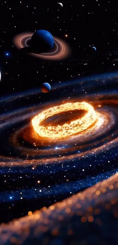 Cosmic scene with a vibrant planetary ring and distant planets.