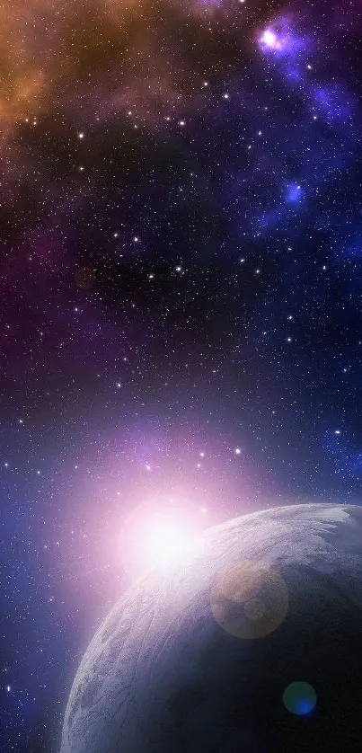 Cosmic galaxy with a glowing planet under a starry sky for mobile wallpaper.