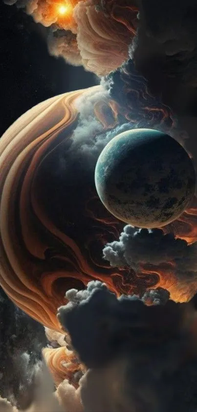 Dark swirling cosmic wallpaper with planets and space clouds.