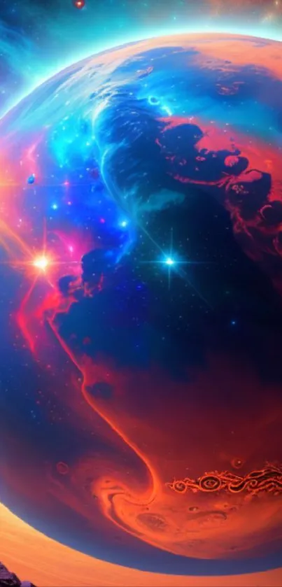 Vivid cosmic wallpaper with bright planet and swirling galaxy.