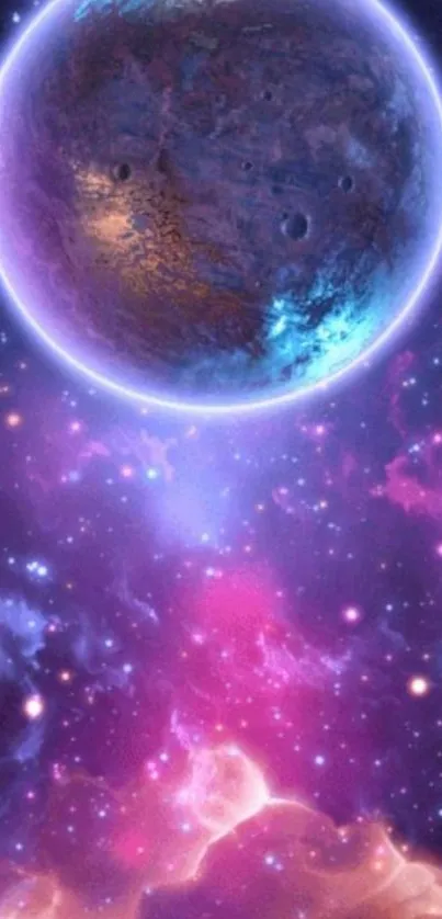 Wallpaper of a cosmic scene with a blue and purple planet and nebula.