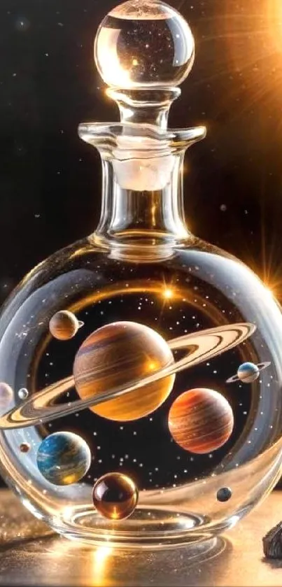 Planets encased in a glass bottle illuminated by cosmic light.