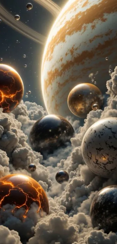 Vibrant planets surrounded by swirling clouds in a cosmic setting.