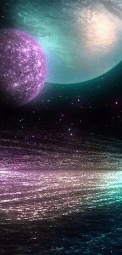 Cosmic planets and shimmering galaxy mobile wallpaper.