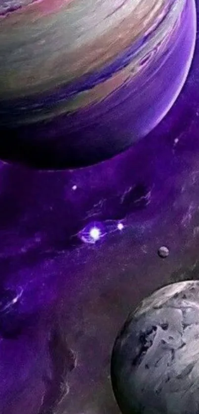 Vibrant cosmic planets against a purple galaxy.