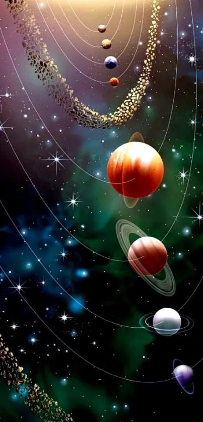 Cosmic wallpaper with planets and stars, ideal for mobile screens.