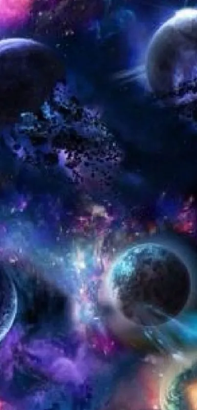 Cosmic mobile wallpaper with planets and galaxies in vibrant colors.