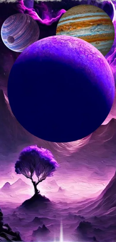 Purple cosmic wallpaper with planets and tree.