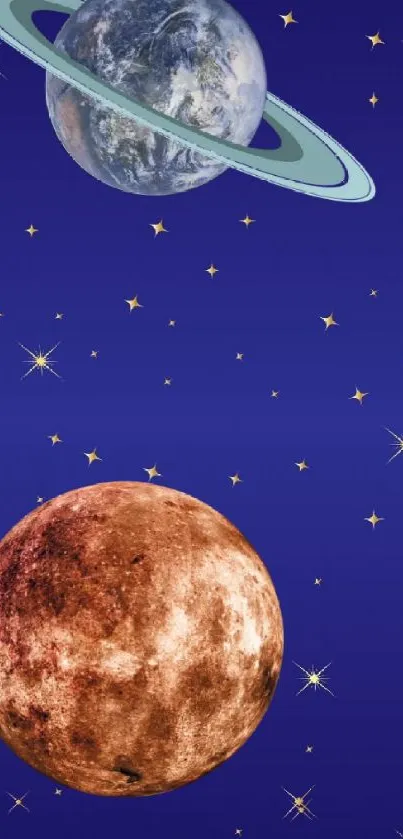 Space wallpaper with two planets and stars on a blue background.