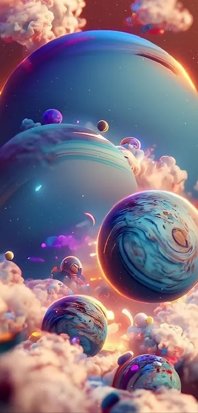 Cosmic planets surrounded by dreamy clouds.