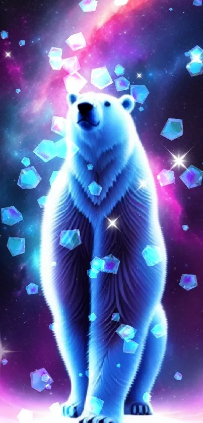 Polar bear in a vibrant, cosmic galaxy setting.