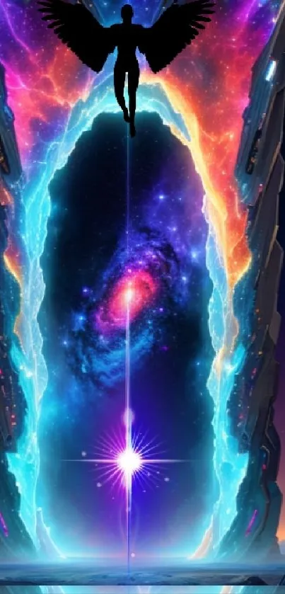 Silhouette of angel over a vibrant cosmic portal with galaxy background.