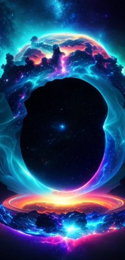 A vibrant cosmic portal fantasy wallpaper with nebula and stellar themes.