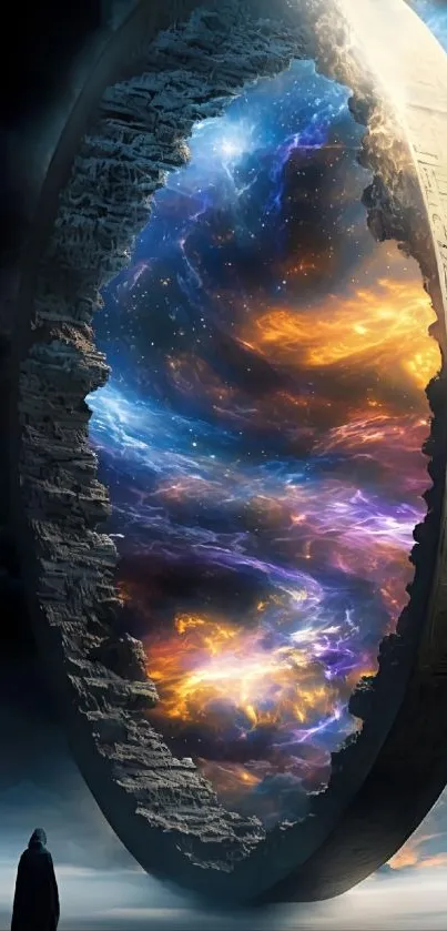A cosmic portal with vibrant swirling galaxies.