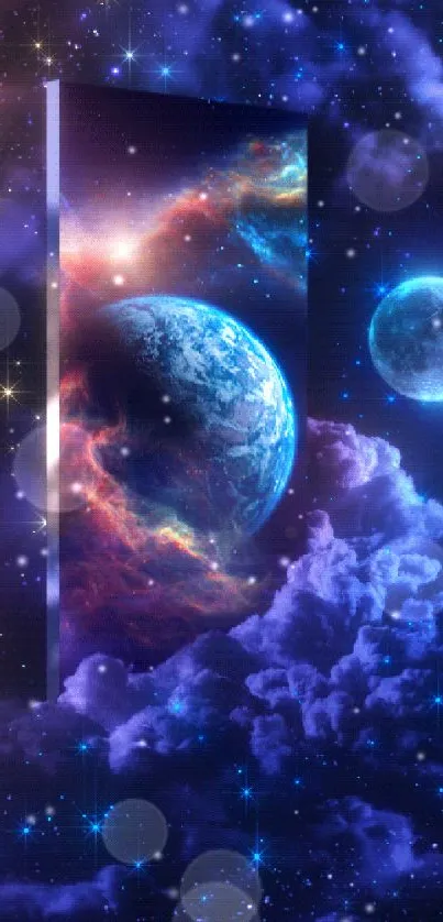 Vibrant cosmic mobile wallpaper featuring planets and nebula.