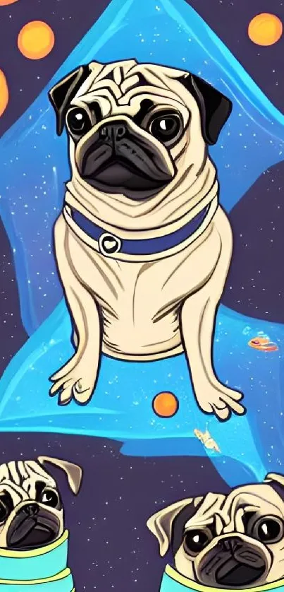 Cartoon pugs on a cosmic space-themed mobile wallpaper.