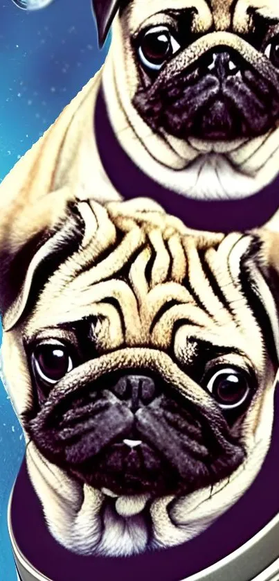 Cute pugs in a cosmic galaxy-themed mobile wallpaper.