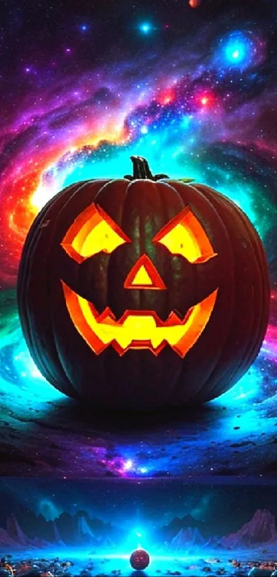 Cosmic pumpkin in galaxy wallpaper with vibrant colors.