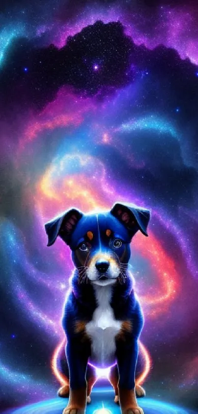 Colorful cosmic puppy in a galaxy backdrop.