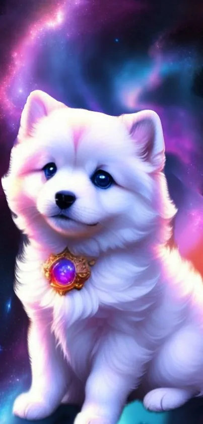 Cute fluffy puppy in a cosmic galaxy scene with vibrant colors.