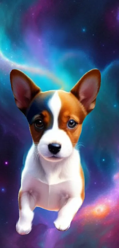 Cute puppy in a vibrant galaxy background as phone wallpaper.