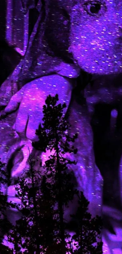 Purple cosmic wallpaper featuring a dog's silhouette and tall trees.