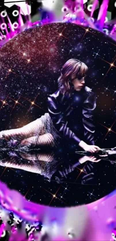 A woman posed in a cosmic purple-themed art with a starry backdrop.