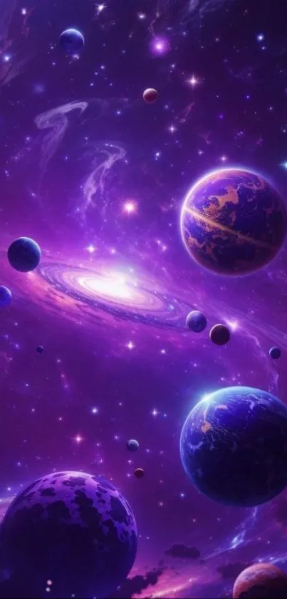 Purple galaxy wallpaper with planets and stars in a cosmic scene.