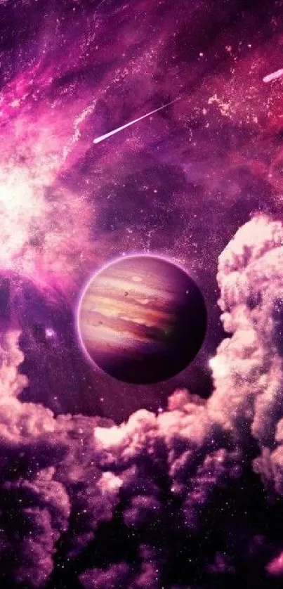 Vibrant purple planet amid cosmic clouds.