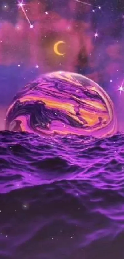 Dreamy cosmic scene with purple planet and starry sky.