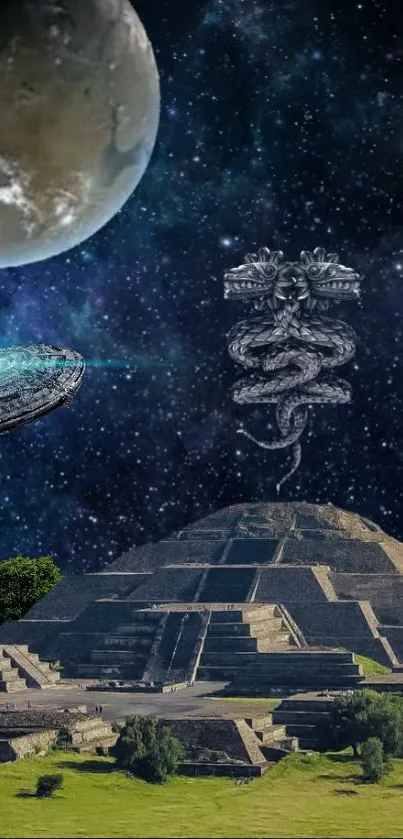 Ancient pyramid under a starry sky with a UFO spaceship and mystical symbols.