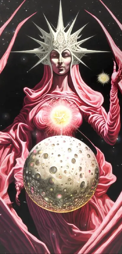 Fantasy art of cosmic queen with glowing orb and crown in vibrant pink hues.