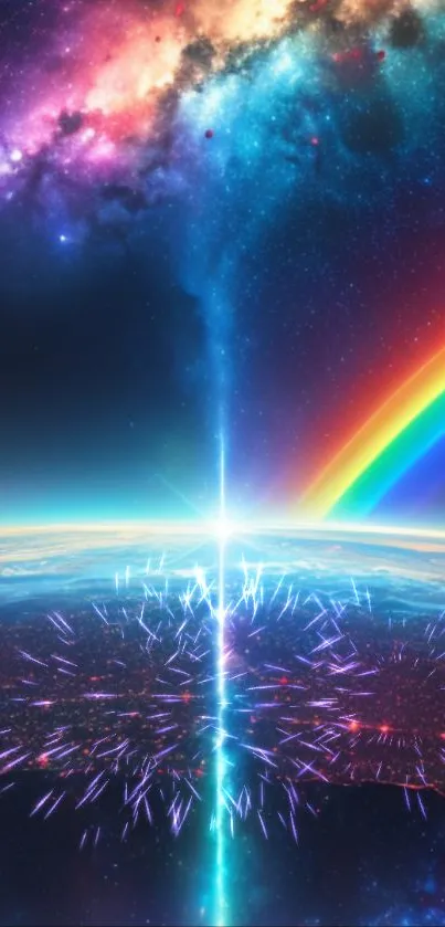 Vibrant cosmic scene with a rainbow over Earth, showcasing a stunning space view.