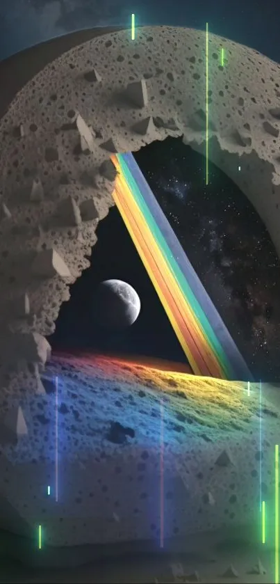 Mobile wallpaper with cosmic rainbow portal and lunar backdrop.