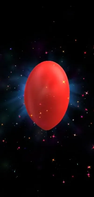 Cosmic red egg with colorful stars on black background mobile wallpaper.