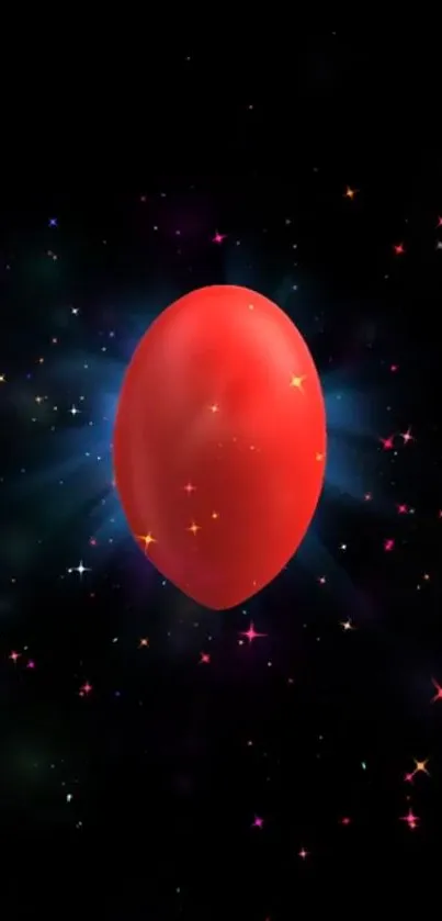 Red sphere glowing against starry cosmic background.