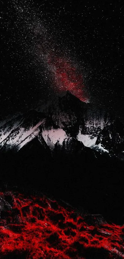 Red-lit mountain under starry sky in cosmic-themed wallpaper.