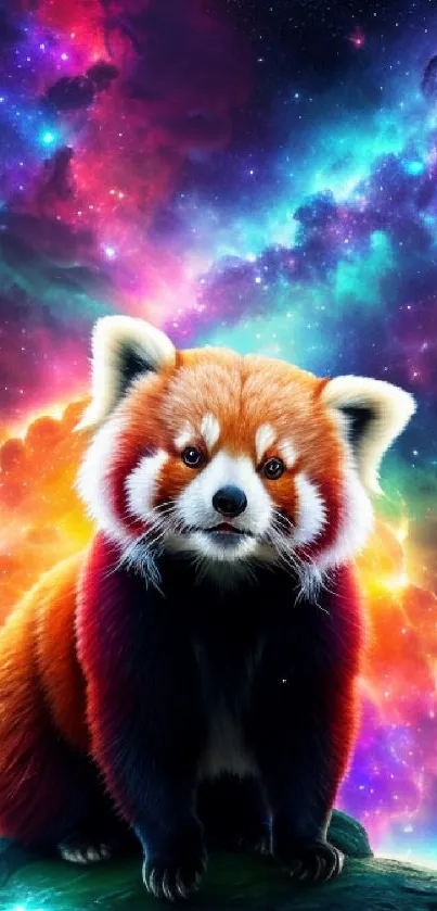 A red panda sits against a vibrant cosmic nebula background.