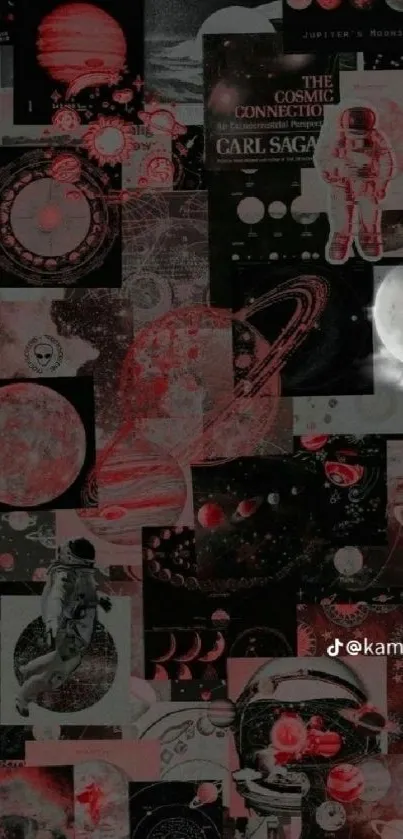 Red and black cosmic collage wallpaper with planets and astronaut theme.