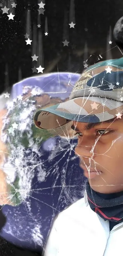 Person with cracked face overlay against earth, stars, and moon background.