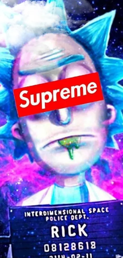 Cartoon character with Supreme logo in a cosmic purple galaxy background.