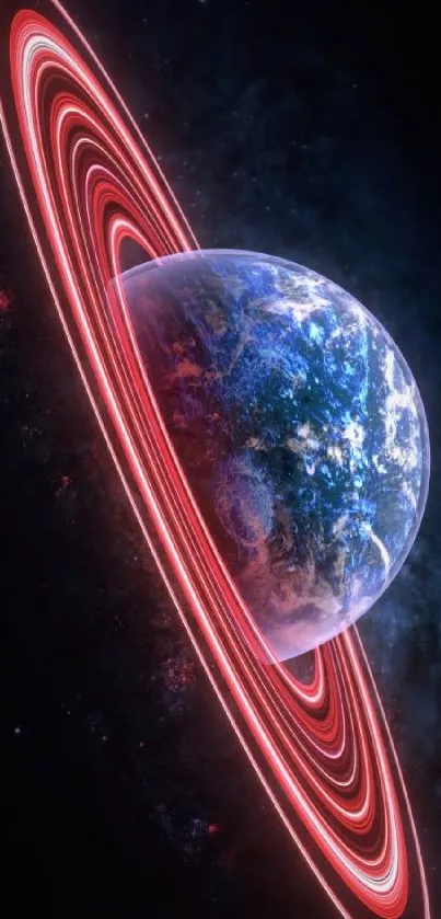 Planet with red rings in dark space wallpaper.