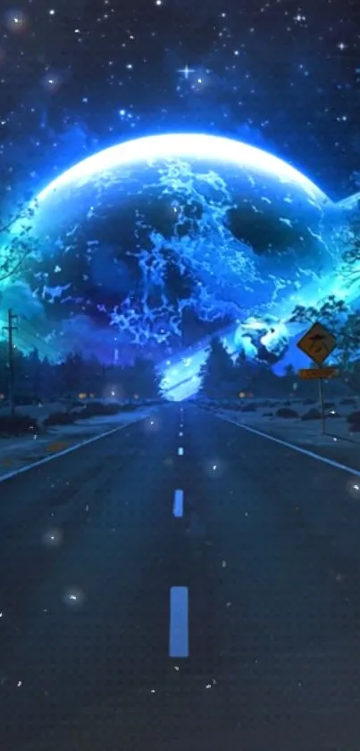 Mystical cosmic road under a glowing blue galaxy sky.