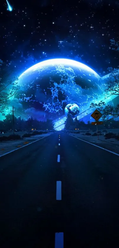Cosmic road leading to a glowing planet under a starry sky.
