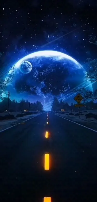 Surreal cosmic road under a starry sky.