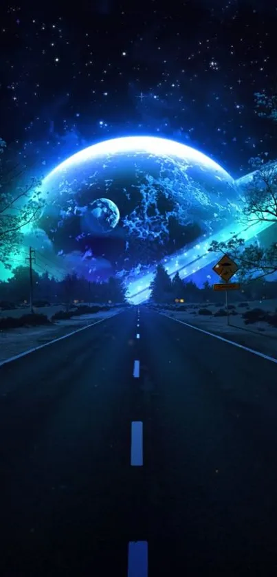 Cosmic road with planets and starry night sky, ideal for a mobile wallpaper.