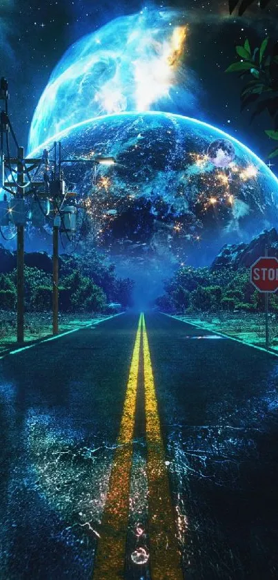 Surreal cosmic road under an electric blue starry sky wallpaper.