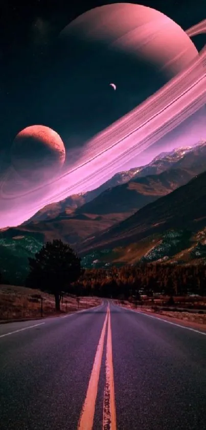 Road leading to Saturn with mountains and cosmic sky.