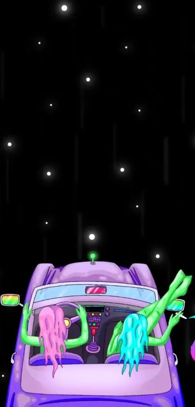 Two colorful figures on a surreal car journey under a night sky filled with stars.