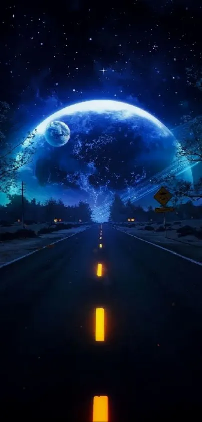 Cosmic road with glowing planets and stars in the night sky.